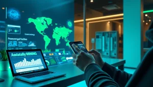 User accessing a crypto mining app, showcasing real-time stats and renewable energy icons.