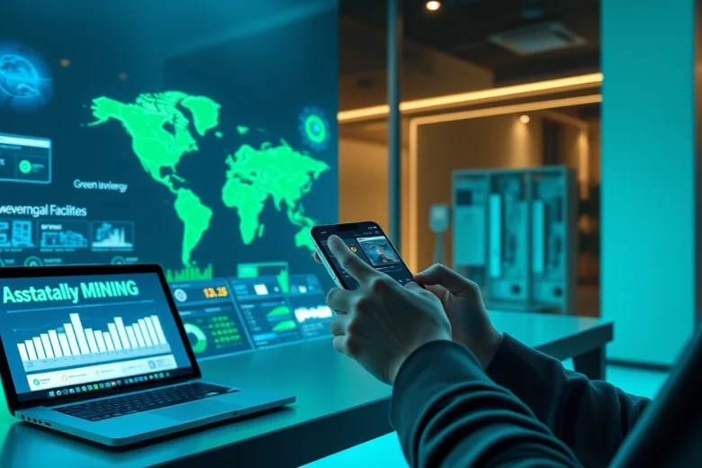 User accessing a crypto mining app, showcasing real-time stats and renewable energy icons.