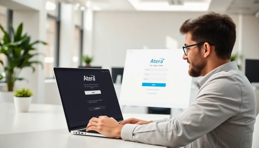 Atera login process showcased on a glowing laptop screen in a stylish office environment.