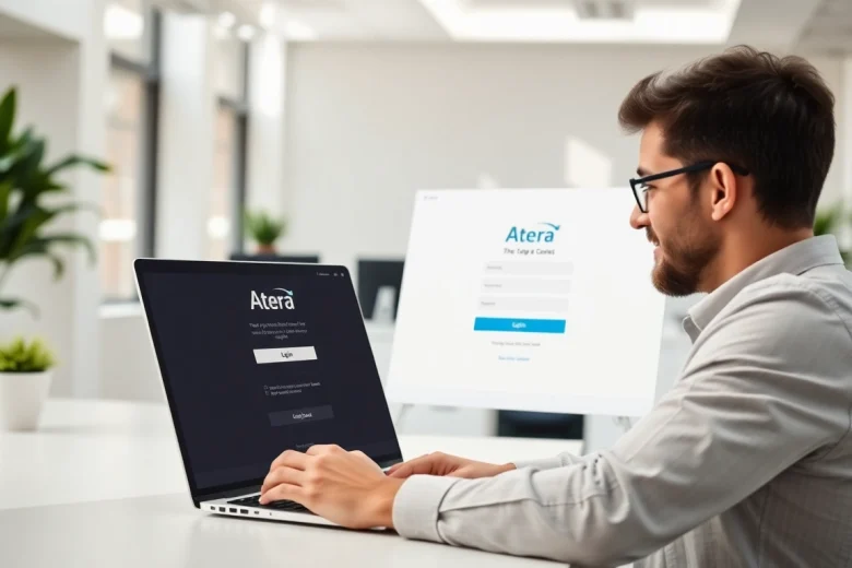 Atera login process showcased on a glowing laptop screen in a stylish office environment.