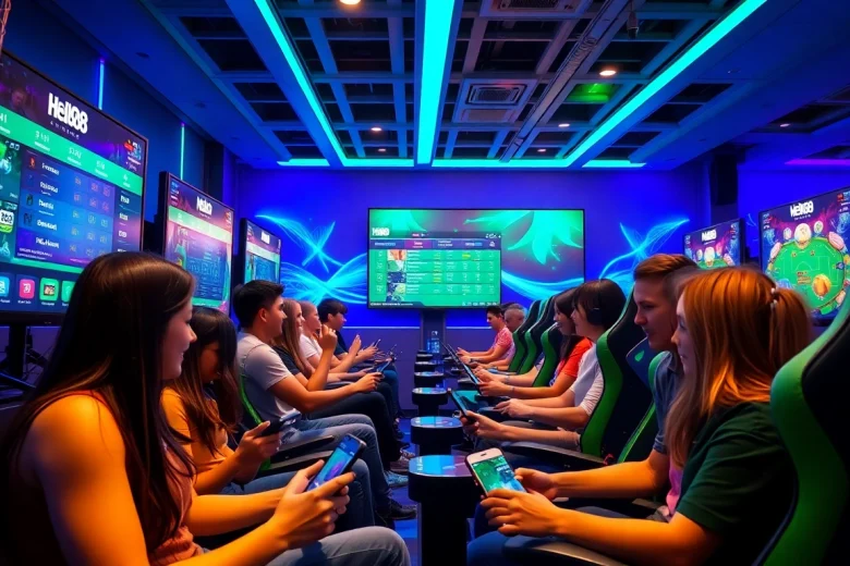 Hello88 online gaming platform showcasing diverse players and vibrant digital interfaces.