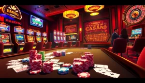 Experience thrilling casino action at MM 88 with poker chips and vibrant slot machines.