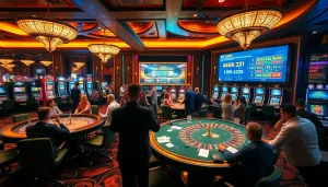 Players enjoying a lively gaming experience at KJC casino tables with vibrant colors and excitement.