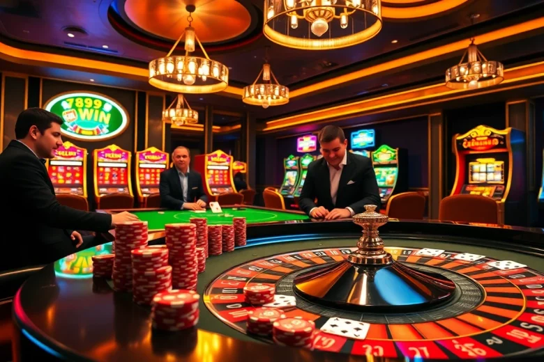 Players strategizing at a luxurious table, capturing the electrifying essence of 789 win in a casino setting.