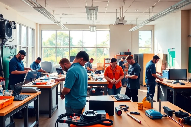 Students learning practical skills at trade schools Oahu in a modern classroom environment.