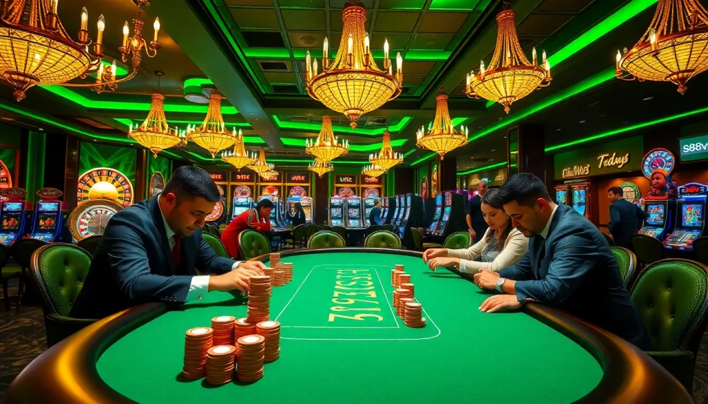 Experience the excitement at S88VIP's luxurious poker table amidst vibrant casino ambiance.
