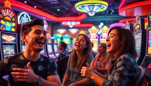 Bermain slot di petanitoto dengan suasana kasino yang meriah dan penuh energi.