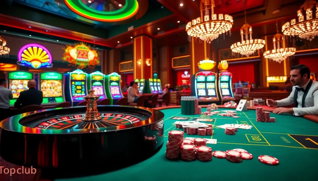 Experience the thrill of gaming at https://topclub.site/ with a vibrant casino scene showcasing roulette wheels and poker chips.