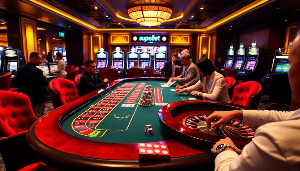 Players engaging in high-stakes gambling at https://superbetapp.com.br, surrounded by roulette and slot machines.