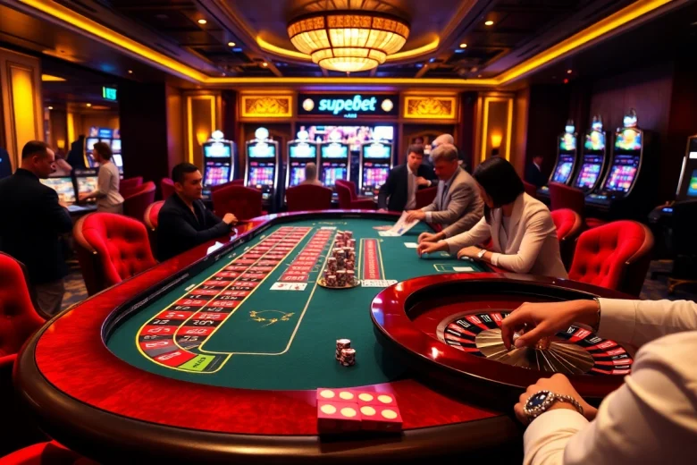 Players engaging in high-stakes gambling at https://superbetapp.com.br, surrounded by roulette and slot machines.