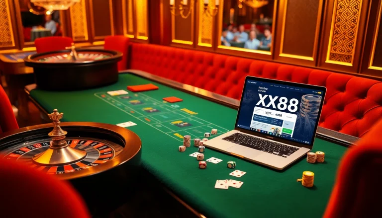 Experience exciting gameplay at https://xx88.promo/ with luxurious casino elements including roulette, cards, and chips.