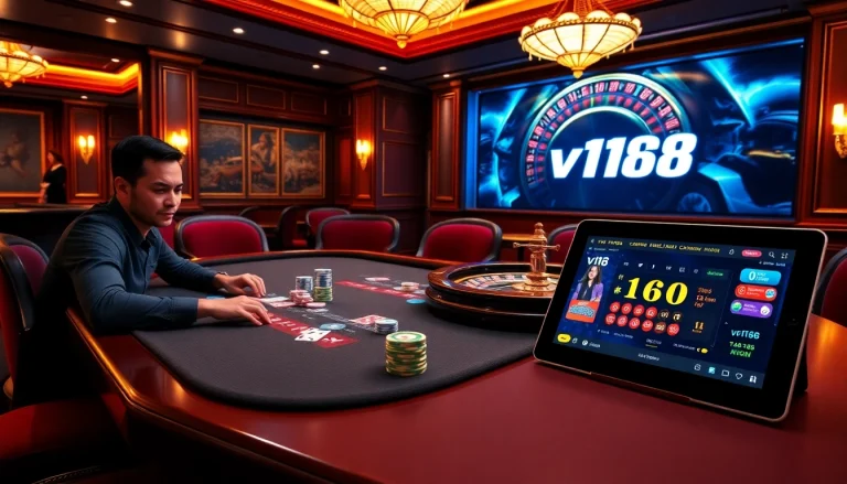 Experience the thrill of vn168's casino games with poker chips and a roulette wheel.