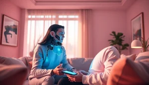 Engaging scene of a couple interacting with an AI chatbot in a cozy living room, highlighting sex AI technology.