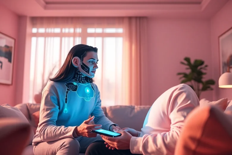 Engaging scene of a couple interacting with an AI chatbot in a cozy living room, highlighting sex AI technology.