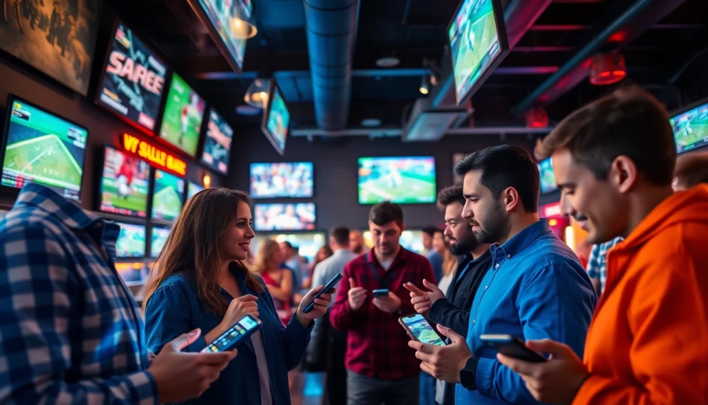 Engaging sports betting California experience in a lively sports bar with bettors using apps.