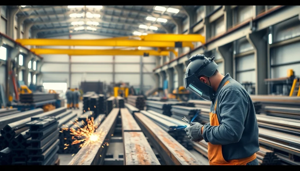 Workers actively operating in a steel fabrication shop, demonstrating their expertise and craftsmanship.