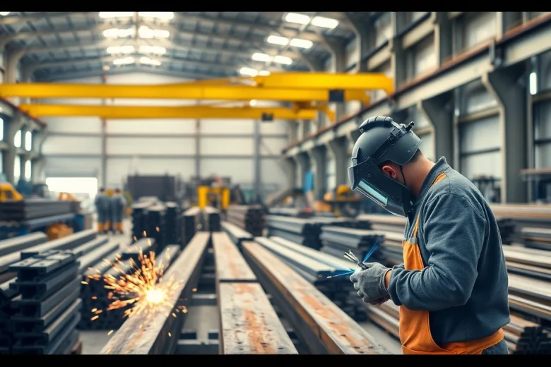 Workers actively operating in a steel fabrication shop, demonstrating their expertise and craftsmanship.