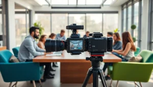 Create corporate video production scenes showcasing teamwork and creativity in a modern office setting.