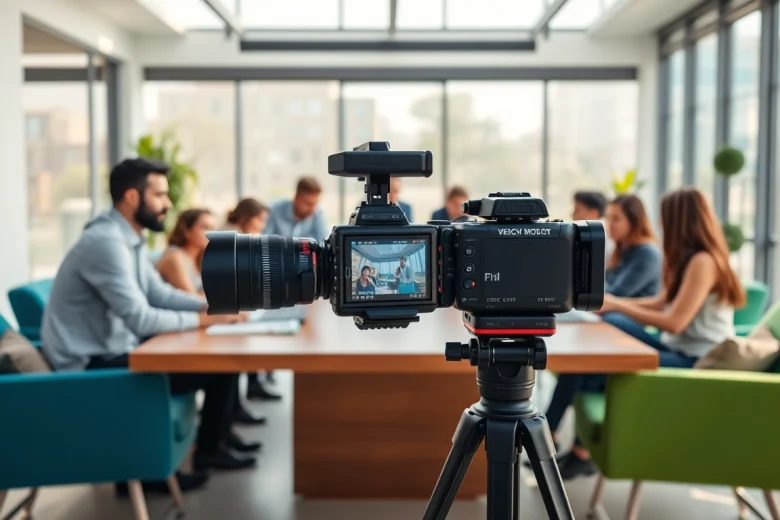 Create corporate video production scenes showcasing teamwork and creativity in a modern office setting.