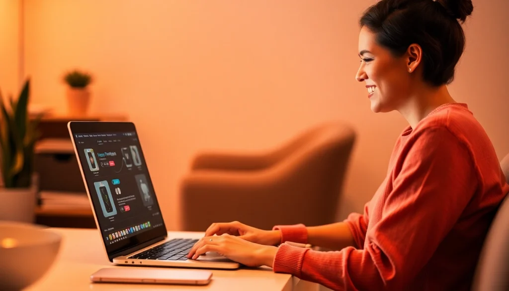 Vender productos digitales en línea: persona feliz trabajando en su computadora portátil.