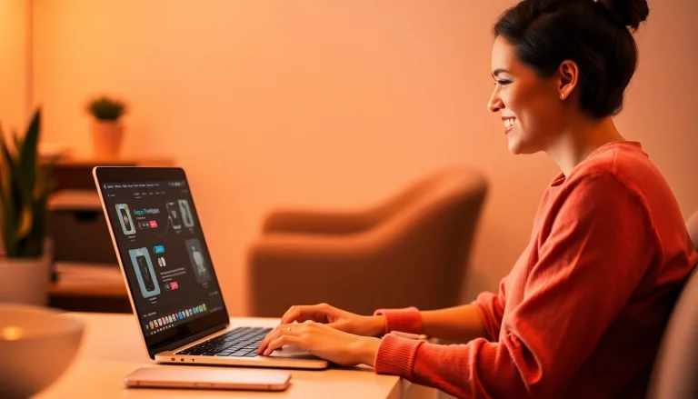 Vender productos digitales en línea: persona feliz trabajando en su computadora portátil.