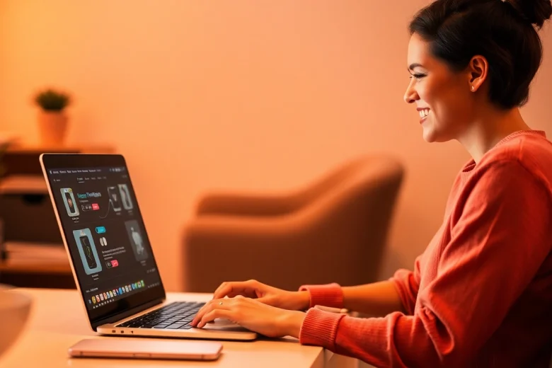 Vender productos digitales en línea: persona feliz trabajando en su computadora portátil.