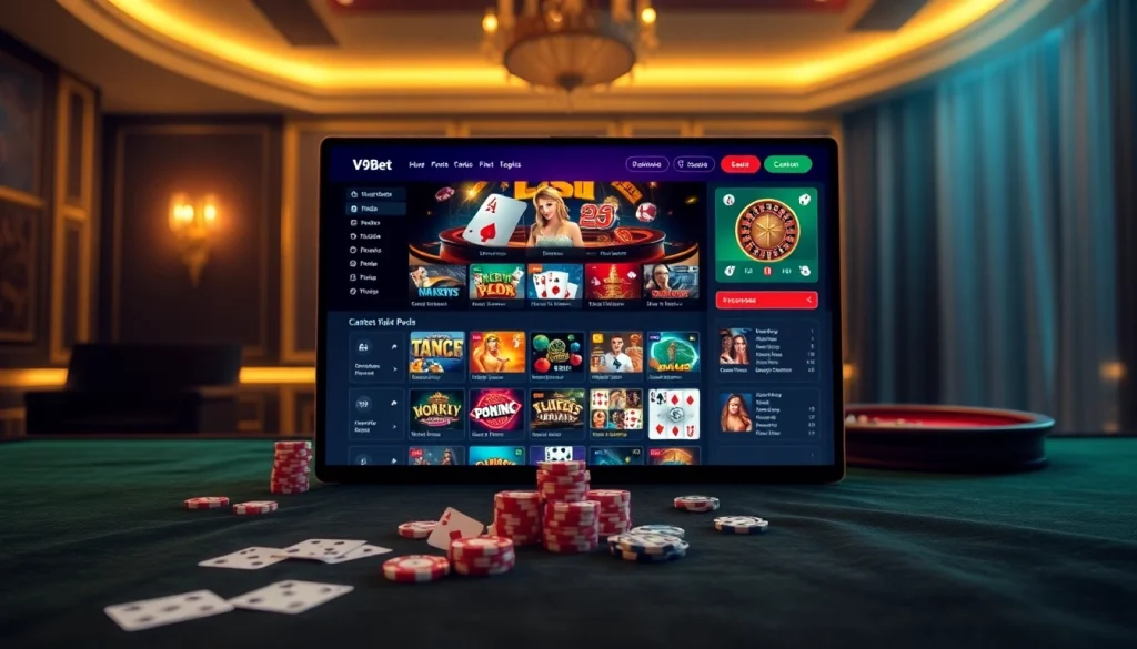 Experience thrilling online gambling at V9bet with a luxurious casino scene featuring poker chips and vibrant games.