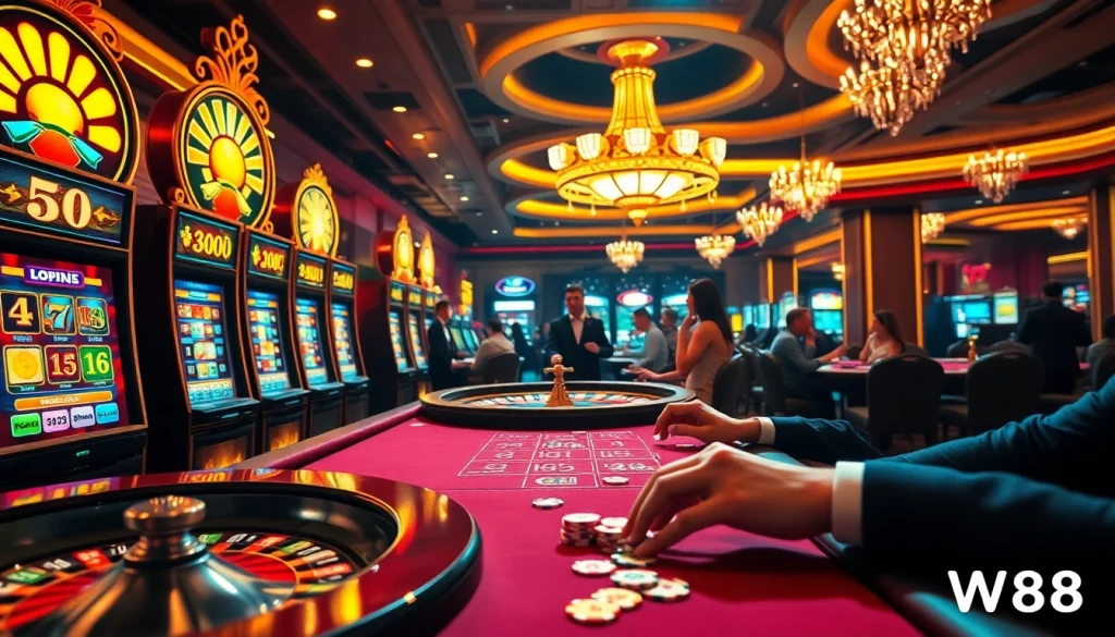 Experience excitement with link vào w88 at a luxurious casino setup showcasing games and betting.