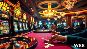 Experience excitement with link vào w88 at a luxurious casino setup showcasing games and betting.