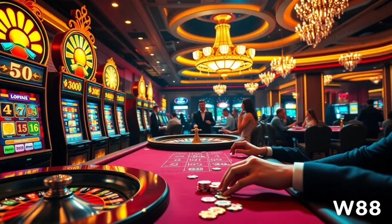 Experience excitement with link vào w88 at a luxurious casino setup showcasing games and betting.