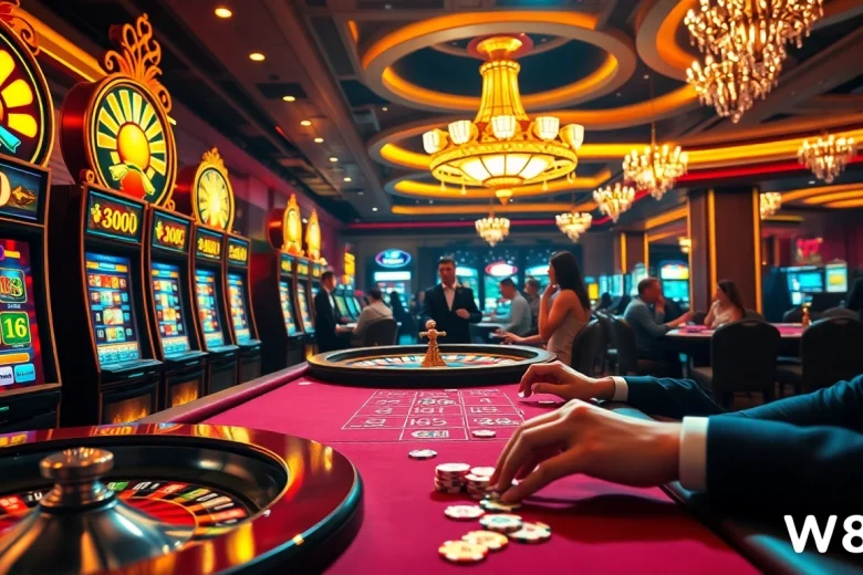 Experience excitement with link vào w88 at a luxurious casino setup showcasing games and betting.