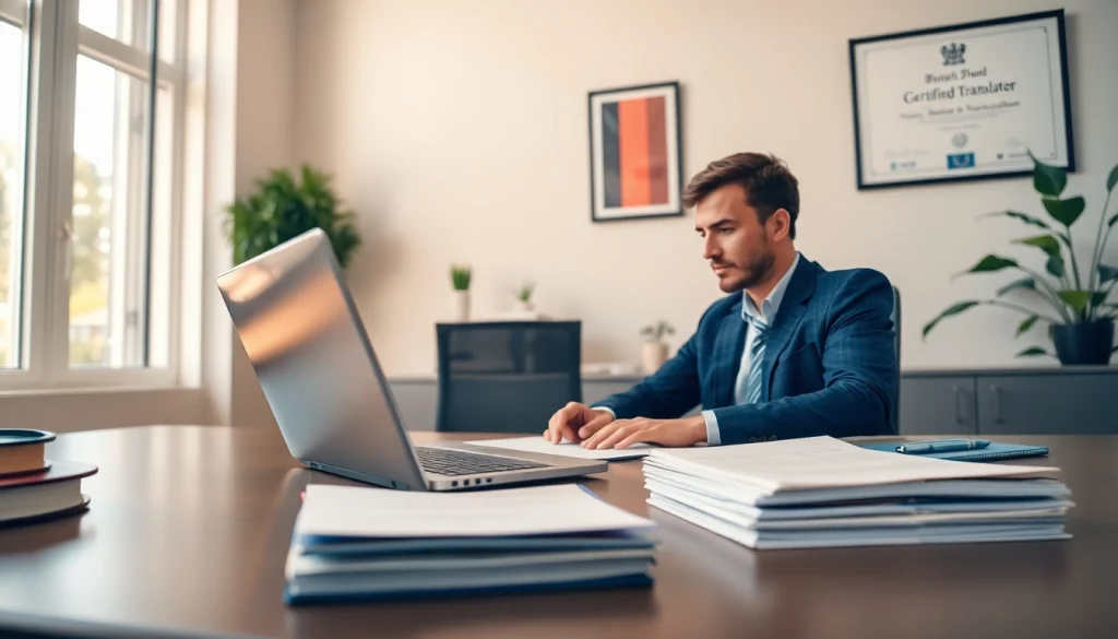 Traducteur allemand assermenté travaillant à un bureau moderne avec des documents officiels.
