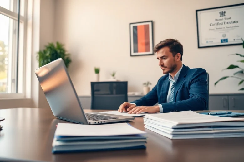 Traducteur allemand assermenté travaillant à un bureau moderne avec des documents officiels.
