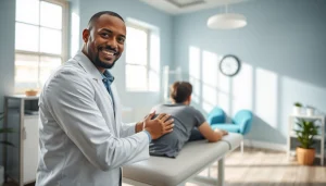 Helping hands of a chiropractor near me adjusting a patient in a bright clinic.