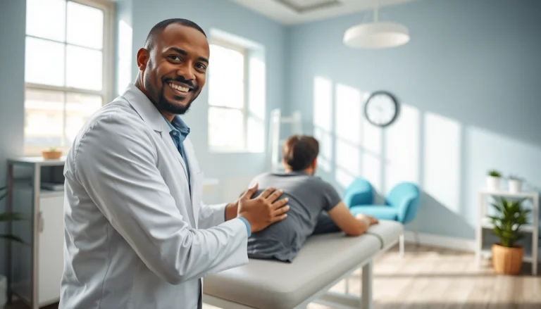 Helping hands of a chiropractor near me adjusting a patient in a bright clinic.