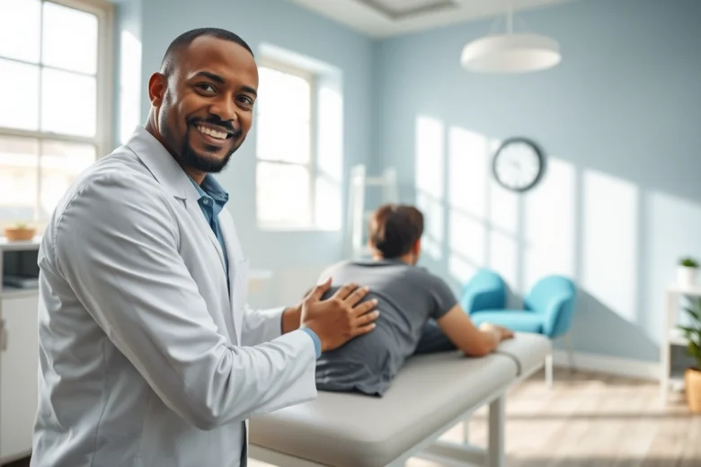 Helping hands of a chiropractor near me adjusting a patient in a bright clinic.