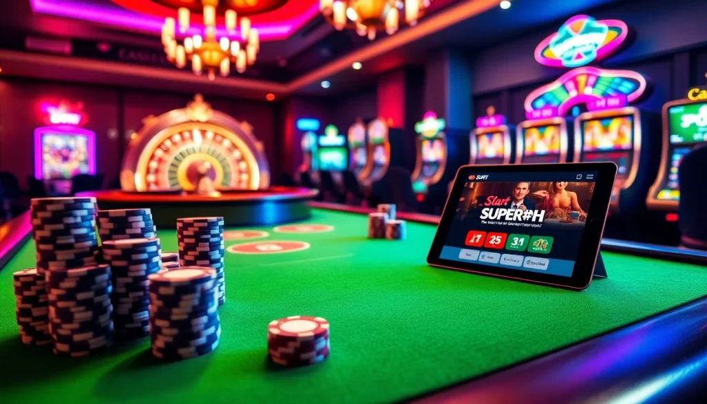 Start your journey with SuperPH by immersing in a vibrant casino scene filled with poker chips and roulette.
