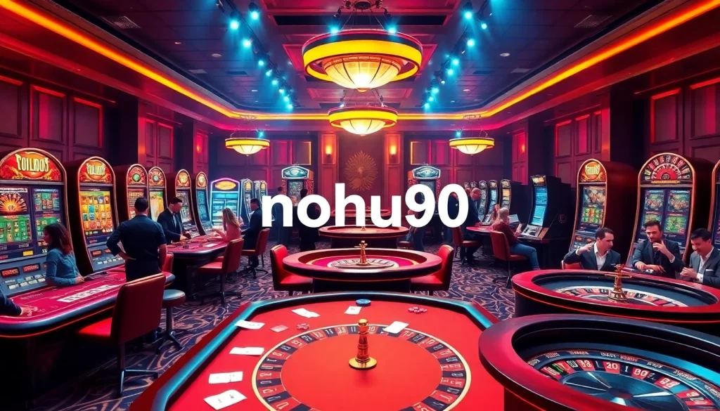 Nohu90 players enjoying immersive gaming at a luxurious online casino table with vibrant slot machines.