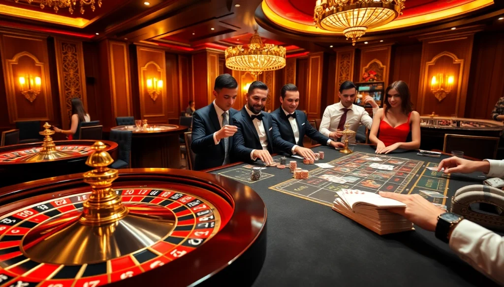 Players enjoying a thrilling game at NEW88 casino with vibrant poker chips and roulette table.