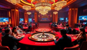 Exciting gaming action at Nhà cái MMOO featuring roulette and card games in a luxurious casino setting.