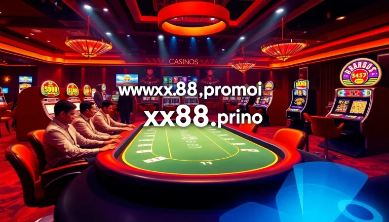 Engage with the excitement of gambling at https://xx88.promo/, featuring a lively casino scene with poker tables and slot machines.