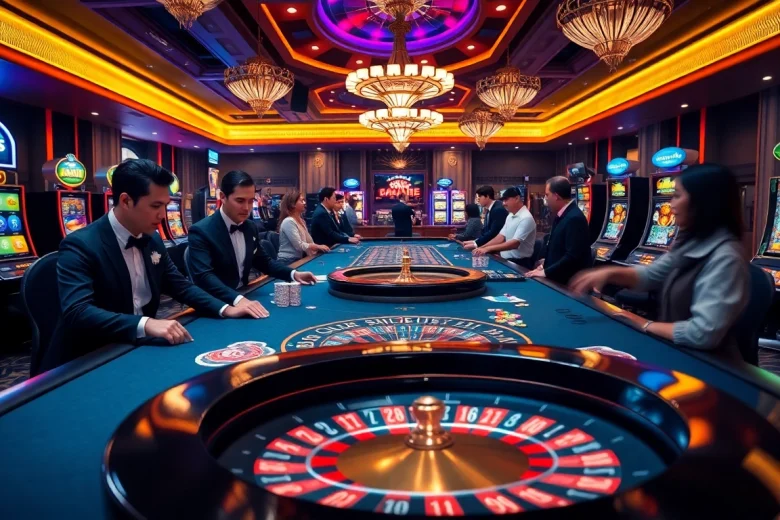 F168 casino scene showcasing an exciting poker game with vibrant chips and roulette wheel.