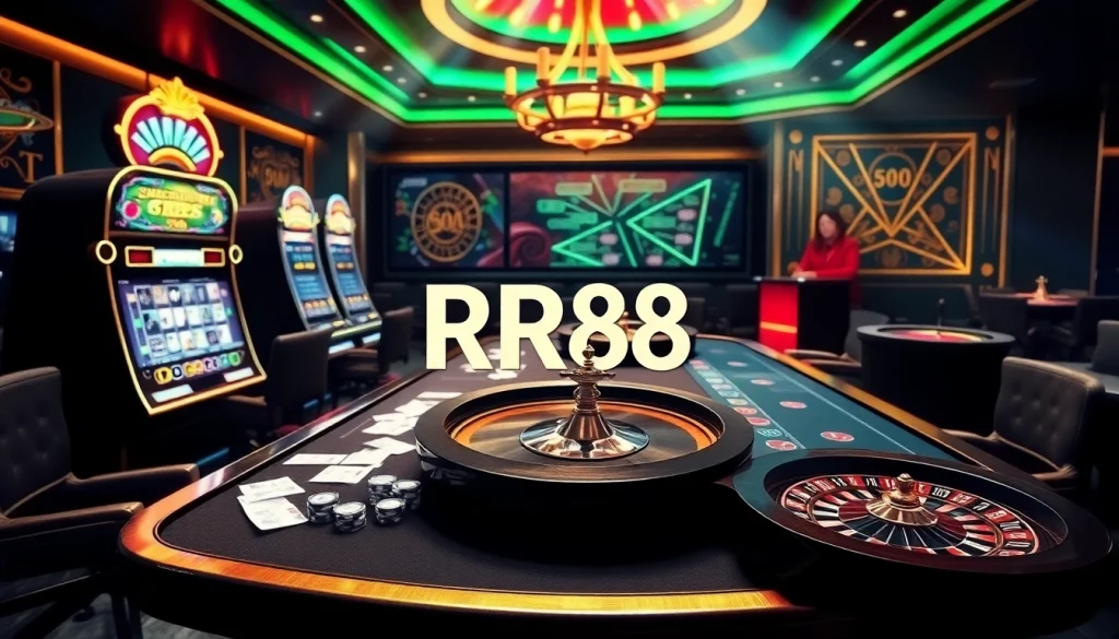 Engage with RR88's luxurious online casino atmosphere featuring vibrant games and betting excitement.