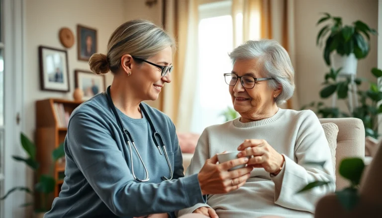 Engaging moment of senior care in Austin TX, showcasing a caregiver assisting an elderly person at home.