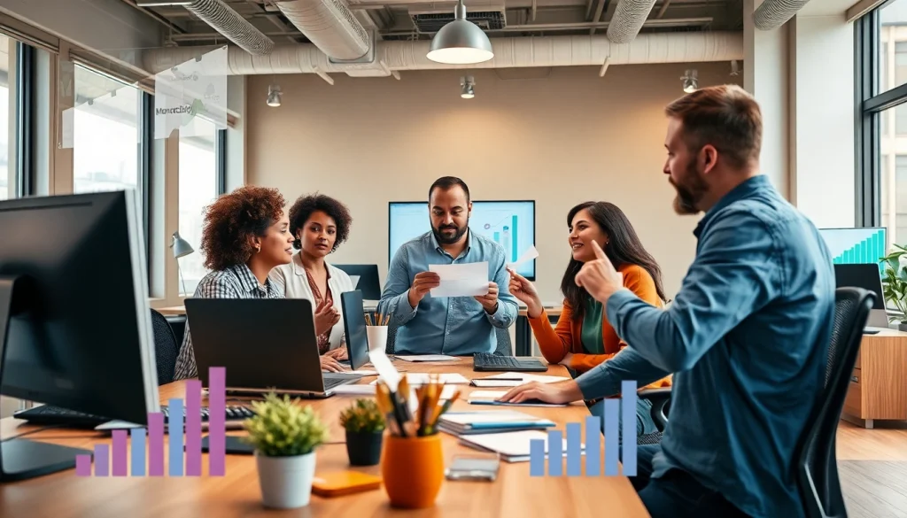 Engaging scene of content monetization for creators showcasing brainstorming strategies in a modern workspace.