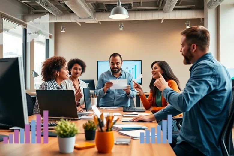 Engaging scene of content monetization for creators showcasing brainstorming strategies in a modern workspace.