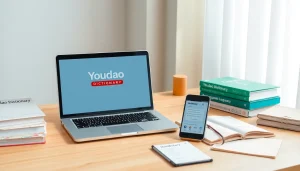 Youdao Dictionary interface on laptop and smartphone in a productive learning setting