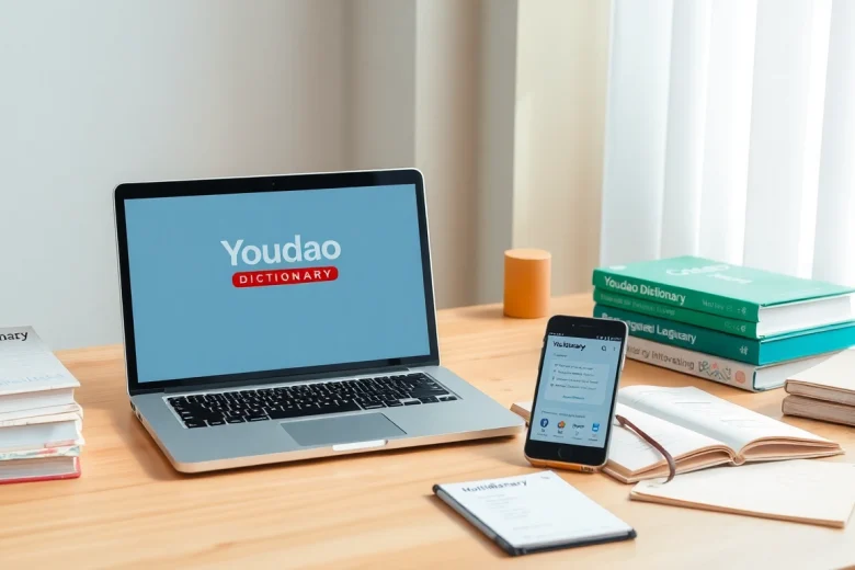 Youdao Dictionary interface on laptop and smartphone in a productive learning setting