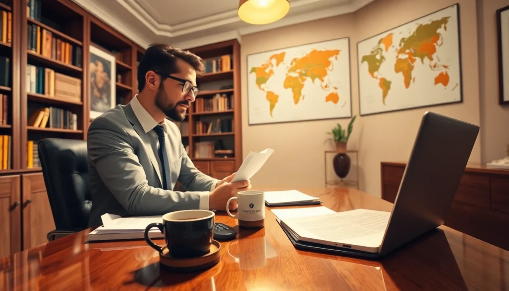 Professional scene featuring a certified translator (beëdigd vertaler) at work in a cozy office, fostering client relationships.