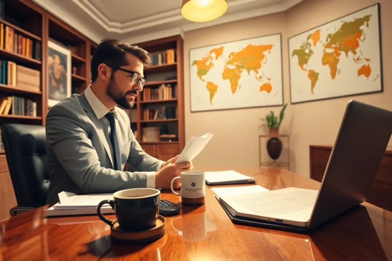 Professional scene featuring a certified translator (beëdigd vertaler) at work in a cozy office, fostering client relationships.